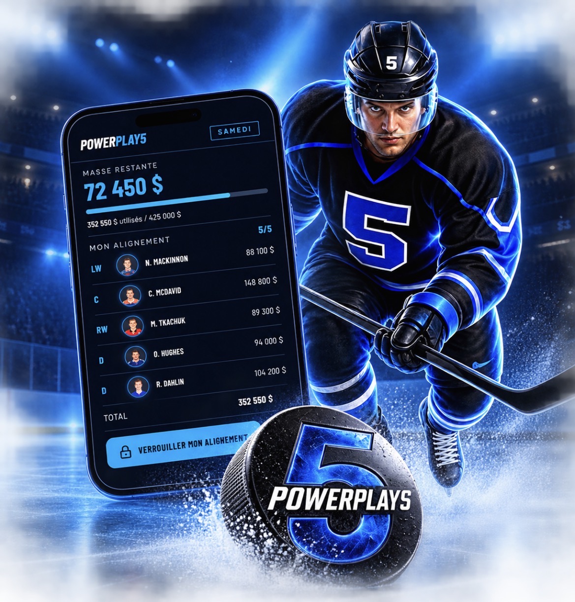 Affiche PowerPlay5 montrant un joueur de hockey, un téléphone avec l'alignement et la rondelle PowerPlay5