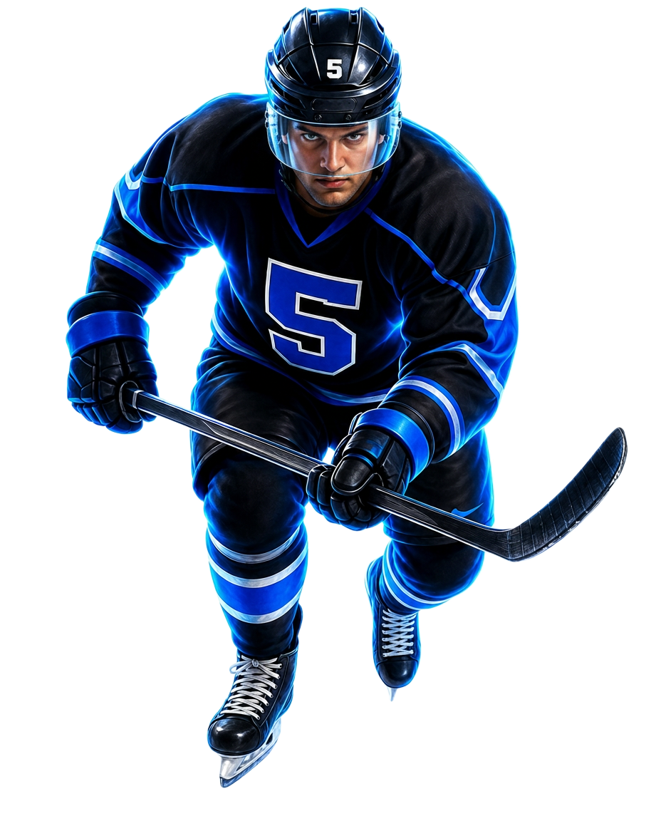 Illustration d'un joueur de hockey en uniforme noir et bleu portant le numéro 5